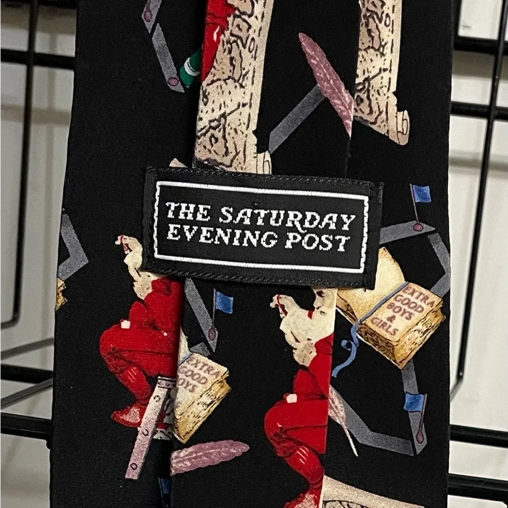 Saturday Evening Post Silk Tie Black Red Santa Making a List 3.75 in x 60 in - Picture 5 of 5